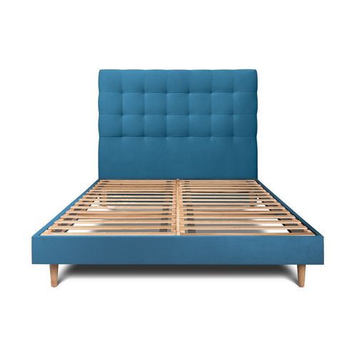 Lit 180x200cm Avec Tête De Lit Capitonnee Velours Et Sommier Kit Bleu - Hauteur Totale : 29cm