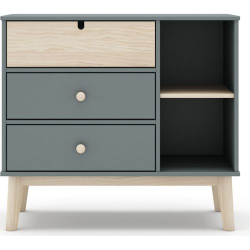 Commode Enfant 3 Tiroirs 2 Niches Blanc / Vert Kaki 100 Cm