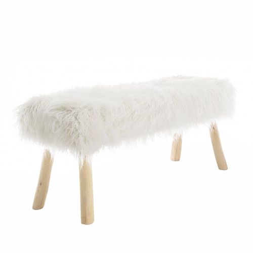 Banc 120x40cm Peau De Mouton Couleur Ivoire Pieds Bois Naturel