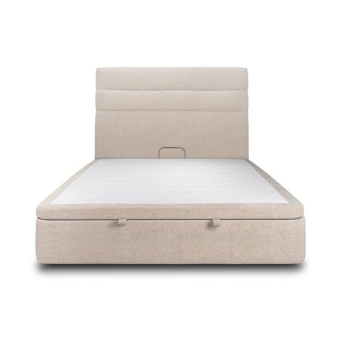 Lit Coffre 140x190cm Avec Tête De Lit Lignes Tissu Beige Brun - Hauteur Totale : 39cm