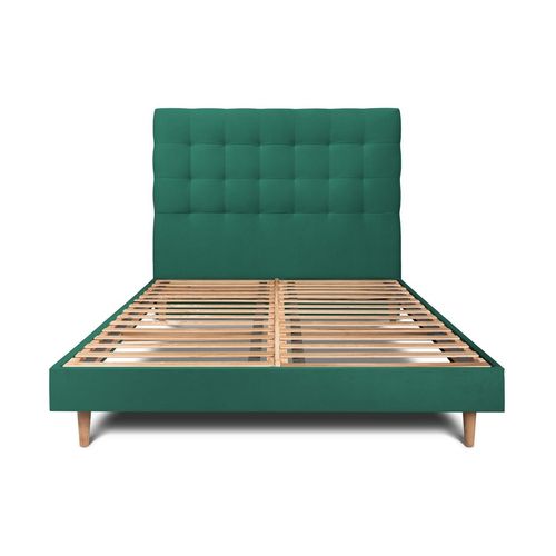 Lit 140x200cm Avec Tête De Lit Capitonnee Velours Et Sommier Kit Vert - Hauteur Totale : 29cm