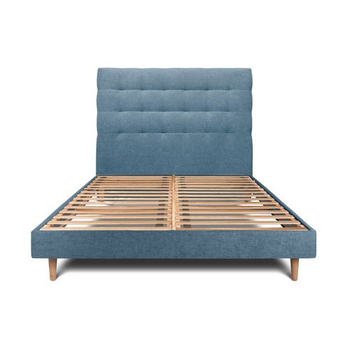Lit 140x190cm Avec Tête De Lit Capitonnee Tissu Et Sommier Kit Bleu - Hauteur Totale : 29cm
