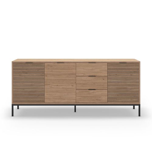 Buffet 3 Portes 3 Tiroirs Décor Chêne, Rainures Noires - L180 Cm