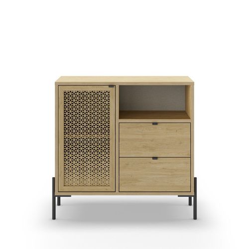 Petit Buffet 1 Porte, 1 Niche, 2 Tiroirs Décor Chêne - L80 Cm