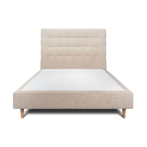 Lit 150x190cm Avec Tête De Lit Capitonnee Tissu Et Sommier Tapissier Beige Brun - Hauteur Totale : 35cm