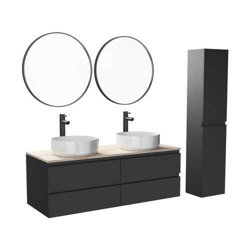 Meuble Double Vasque 120cm Avec Plan Bois Noir+Vasque+Rob+Miroir+Co
