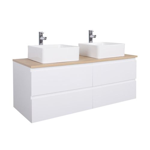 Meuble Double Vasque 120cm Avec Plan Bois Blanc + Vasque + Robinet