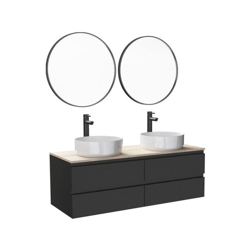 Meuble Double Vasque 120cm Avec Plan Bois Noir +Vasque+Robinet+Miroir