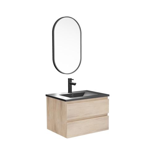 Meuble Simple Vasque 60cm Décor Chêne+Vasque Noire+Rob+Miroir Ovale
