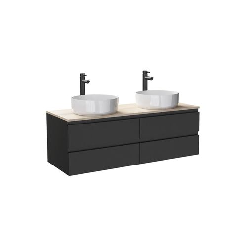 Meuble Double Vasque 120cm Avec Plan Bois Noir + Vasque + Robinet