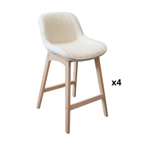 Tabourets De Bar 65cm En Chêne Et Assise Tissu Bouclette - Lot De 4