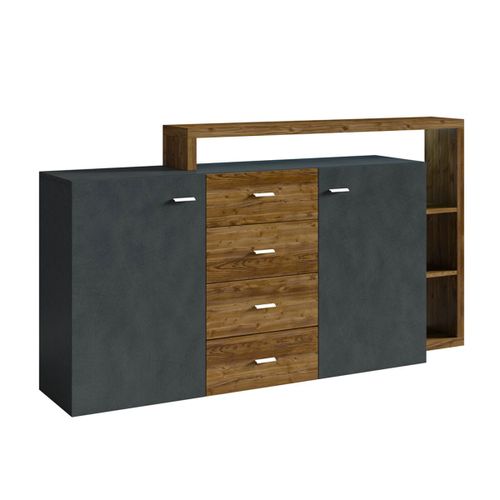 Buffet 2 Portes 4 Tiroirs Stratifiés Gris Et Bois