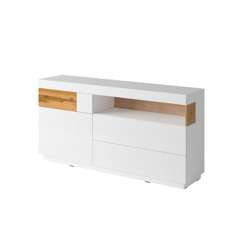 Buffet 1 Porte 3 Tiroirs Stratifiés Blanc Et Naturel