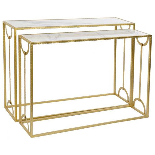 Set De 2 Consoles Métal Doré Et Plateaux Marbre - 110x32.5x83.5cm