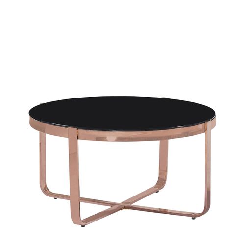 Table Basse Ronde En Acier Inoxydable Rose Dorée Et Verre Noir L 80 Cm