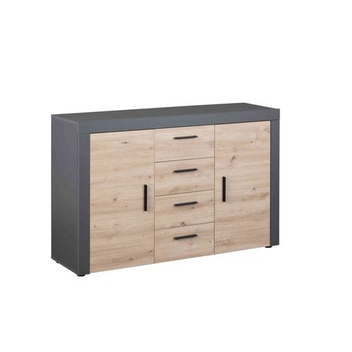 Commode 2 Portes 4 Tiroirs En Bois Imitation Chêne Et Anthracite