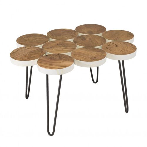 Table Basse 80x55x44 Cm En Rondelles De Bois Naturel Et Blanc