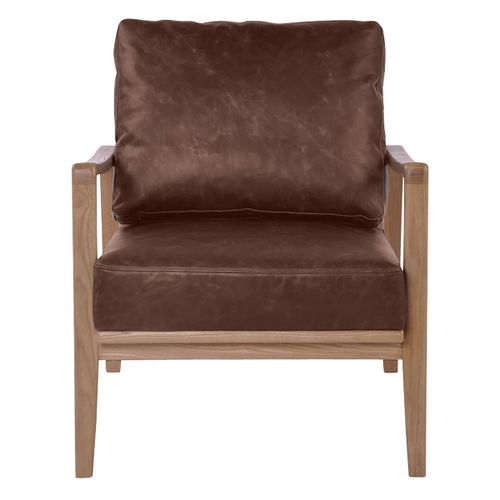 Fauteuil Cuir Marron Pieds Frêne Naturel