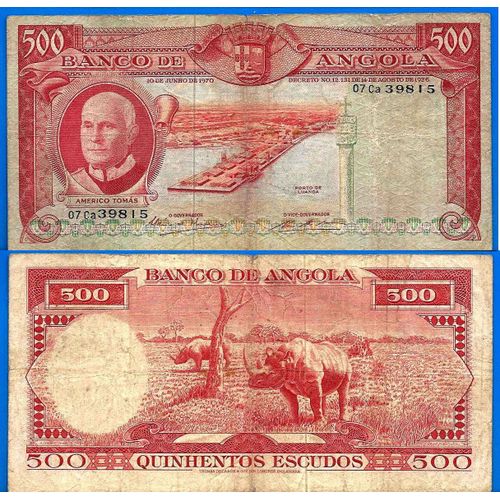 Angola 500 Escudos 1970 Decret 1926 Afrique Colonie Portugal Escudo Billet Port Americo Tomas Animal Rhinoceros