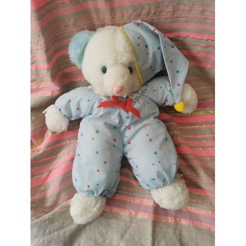 Doudou Ours Blanc Pyjama Dentelle Bleu Etoiles Bonnet Ruban Rouge Vintage