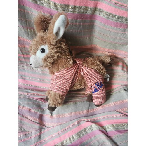 Doudou Peluche Ane Marron Mi Longs Blanc Tissu Vichy Rouge Ile De Ré Cedatec