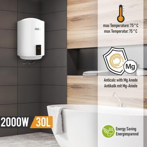 Aquamarin® Chauffe-Eau Électrique - Modèle Eco et INTELLIGENT, Réservoir avec Capacité de 30 Litres, Jusqu'à à 75°C, 2 kW, CEE : A - Ballon d'Eau Chaude