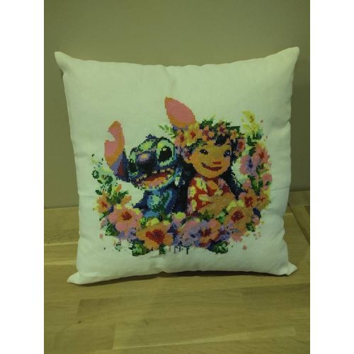 Coussin Décoratif Lilo Et Stitch Fait Au Point De Croix À La Main 40x40 Cm