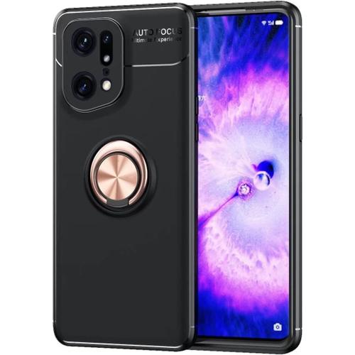 Pour Oppo Find X5 Pro Coque, 360 Degres Protection Bumper + Verre Trempé, Coque Avec Anneau Support Cover Skin Cases Housse Etui Protector-Or Noir