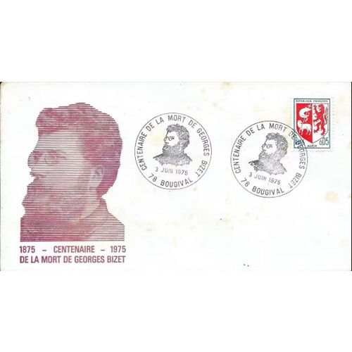 France 1975, Belle Enveloppe Commémorative, Centenaire De La Mort Du Compositeur Georges Bizet, Oblitération Spéciale À Bougival - Yvelines, Timbres 1468, Blason D'auch, Tbe. -