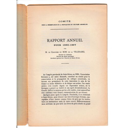 Comité Pour La Préservation Et La Propagation Du Celtique Armoricain Rapport Annuel Pour 1896-1897 Chanoine André Du Bois De La Villerabel Langue Bretonne Brittophone