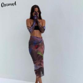 OrangeA femmes Sexy maille nue 2 pièces ensemble Clubwear épaules nues  hauts + jupe voir à travers ensemble assorti mode Streetwear femme | Rakuten