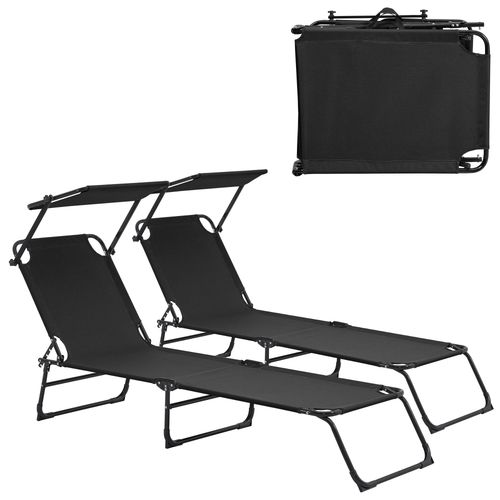 Lot De 2 Transats Pliable 190 Cm Avec Toiture Pare-Soleil De Relax Acier Noir Helloshop26 03_0004513