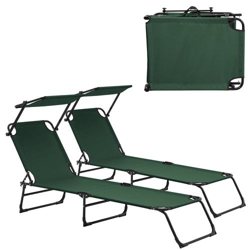 Lot De 2 Transats Pliable Avec Toiture Pare-Soleil De Relax Acier 190 Cm Vert Foncé Helloshop26 03_0004514