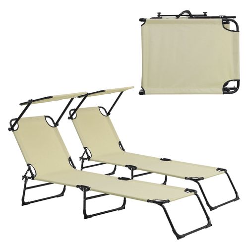 Lot De 2 Transats Pliable Avec Toiture Pare Soleil De Relax Acier 190 Cm Crème Helloshop26 03_0004511