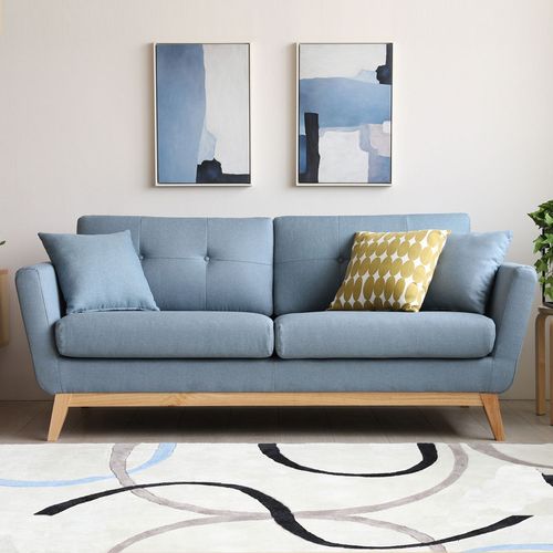 Hoga Bleu Pastel : Canapé Scandinave 3 Places Bleu Pastel + 2 Coussins