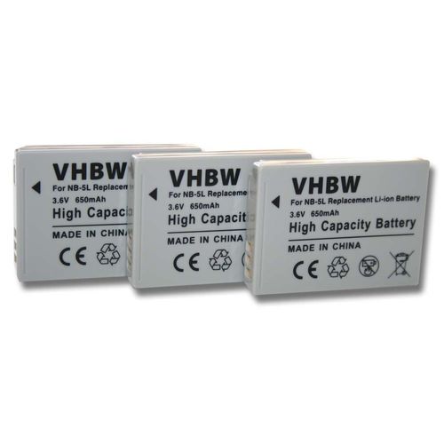 vhbw 3x Batteries compatible avec Canon Powershot S100, SD700, SD800, SD900, SD900Ti, SX120 IS appareil photo reflex (650mAh, 3,6V, Li-ion)