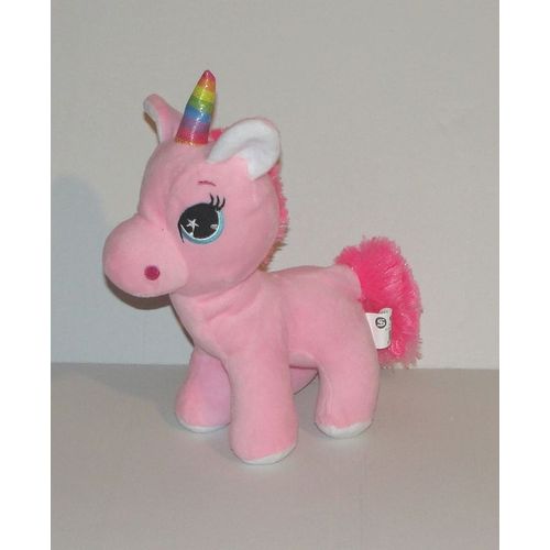 Peluche Licorne Rose Sandy Doudou Poney Cheval Licorne Yeux Brodés Corne Coloré 24 Cm