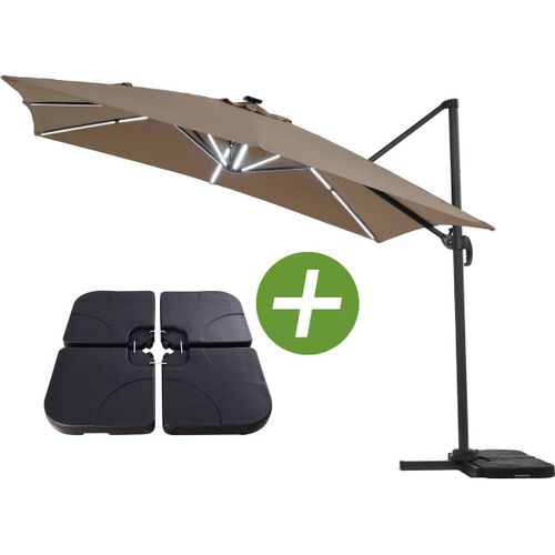 Parasol Jardin Déporté Led Alu "Sun 4 Luxe" - Rectangle - 3 X 4 M - Taupe - Dalles À Lester Incluses