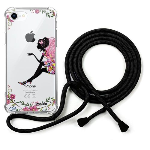 Coque Cordon Iphone 7/8/ Iphone Se 2020 Noir Dessin Fée Fleurale Evetane