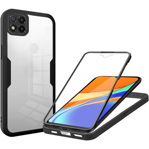 Coque Pour Xiaomi Redmi 9c, Coque Antichoc Housse Avec Protection Écran, 360° Protection Case Robuste Double Bumper Etui Intégrale Noir