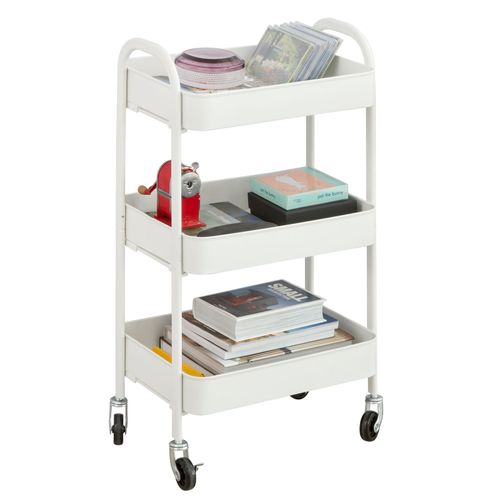 Sobuy Svw11-W Chariot De Rangement À 3 Niveaux Chariot À Roulettes Avec 2 Poignées Chariot De Service Desserte Support De Rangement Mobile À 3 Etagères En Métal, 46x31x80cm