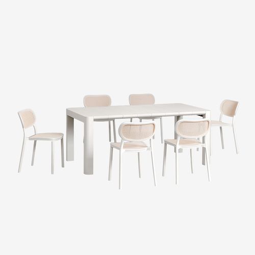 Ensemble Table Rectangulaire Arnadine (180x100 Cm) Et 6 Chaises De Salle À Manger Empilables Omara Blanc Gardenia