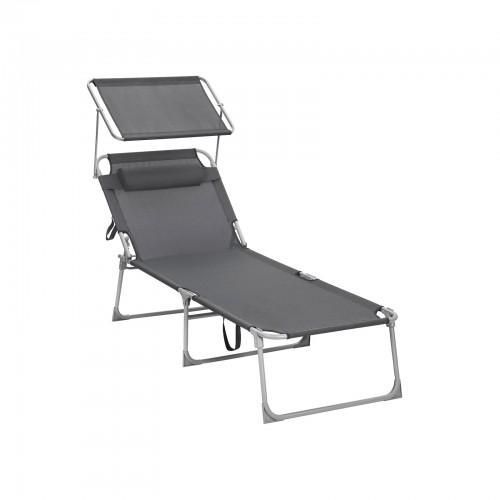 Chaise Longue Bain De Soleil Grand Modèle 200 Cm Charge 150 Kg Avec Appui Tête Dossier Et Parasol Inclinables Pliable Pour Jardin Anthracite Helloshop26 12_0001107