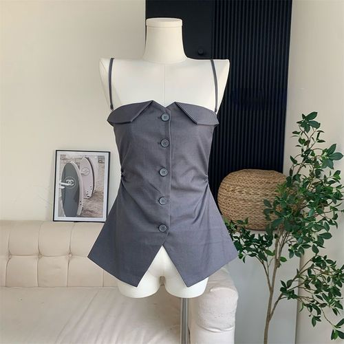 Haut Court Sans Bretelles Pour Femme,Débardeurs À Boutons,Monochromatique,Simple,Esthétique Y2k,Mode Vintage,Chic,Japonais,Décontracté,Assressenti,Doux,Été