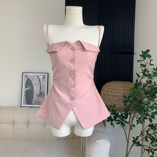 Haut Court Sans Bretelles Pour Femme,Débardeurs À Boutons,Monochromatique,Simple,Esthétique Y2k,Mode Vintage,Chic,Japonais,Décontracté,Assressenti,Doux,Été