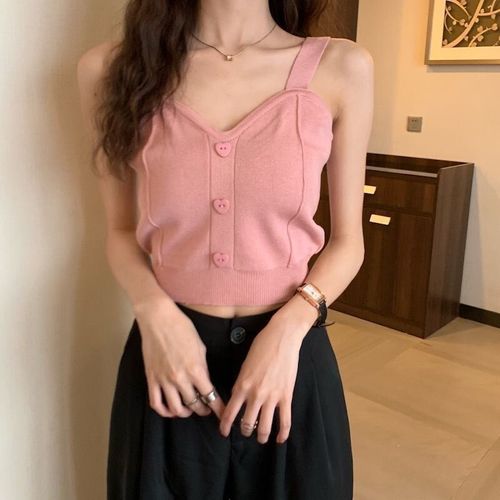 Haut Court À Bretelles Spaghetti Pour Femmes,Haut Coréen Mignon,Bouton Serré,Glaçure Décontractée,Camisole Violette Féminine,Mode D'été,Y2k,2023