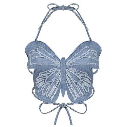 Y2k-Haut Court En Jean Papillon Pour Femme,Bretelles Dos Aux,Sexy,Bleu,Mignon,Ix,Sweats,Plage,Vacances,Mini Glasummer Tee,Mode Coréenne