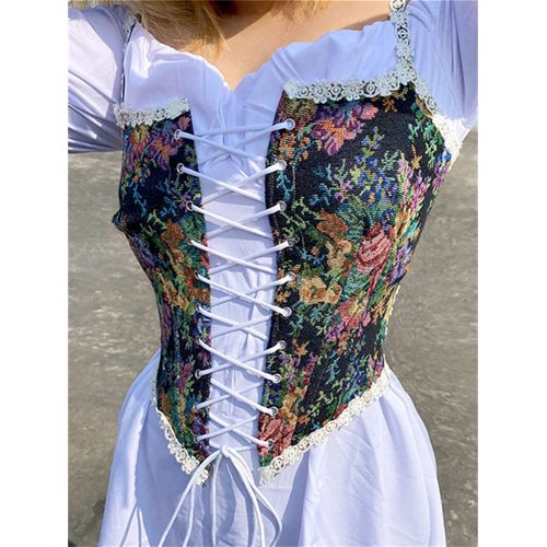 Corset En Dentelle Jacquard Rétro Pour Femme,Garniture Florale,Bandage Bustier,Court,Col Bateau,Caraco Irrégulier,Précieux,Y-Female