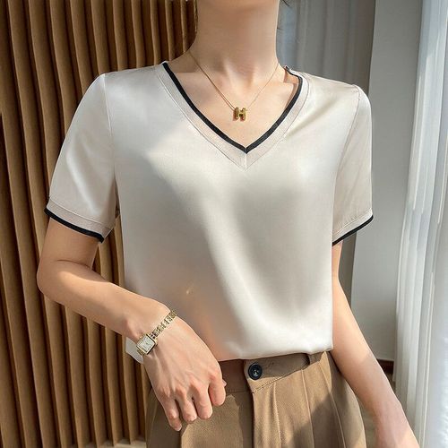 T-Shirt À Manches Courtes En Satin Pour Femmes,Col En V,Col Rond,Sangle,Mode,Précieux,Chemise Intérieure Fine,Été,2023