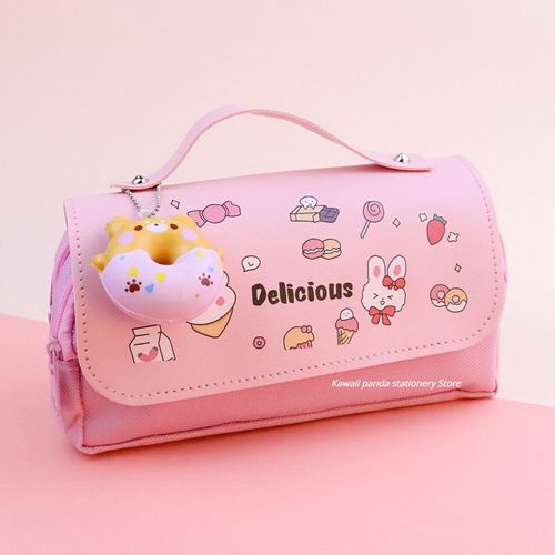 Étui À Crayons 3d Kawaii Avec 3 Couches,Ours Mignon,Cuir Imperméable,Évaluation Esthétique,Fournitures Scolaires,Papeterie - Type Donut-Pink